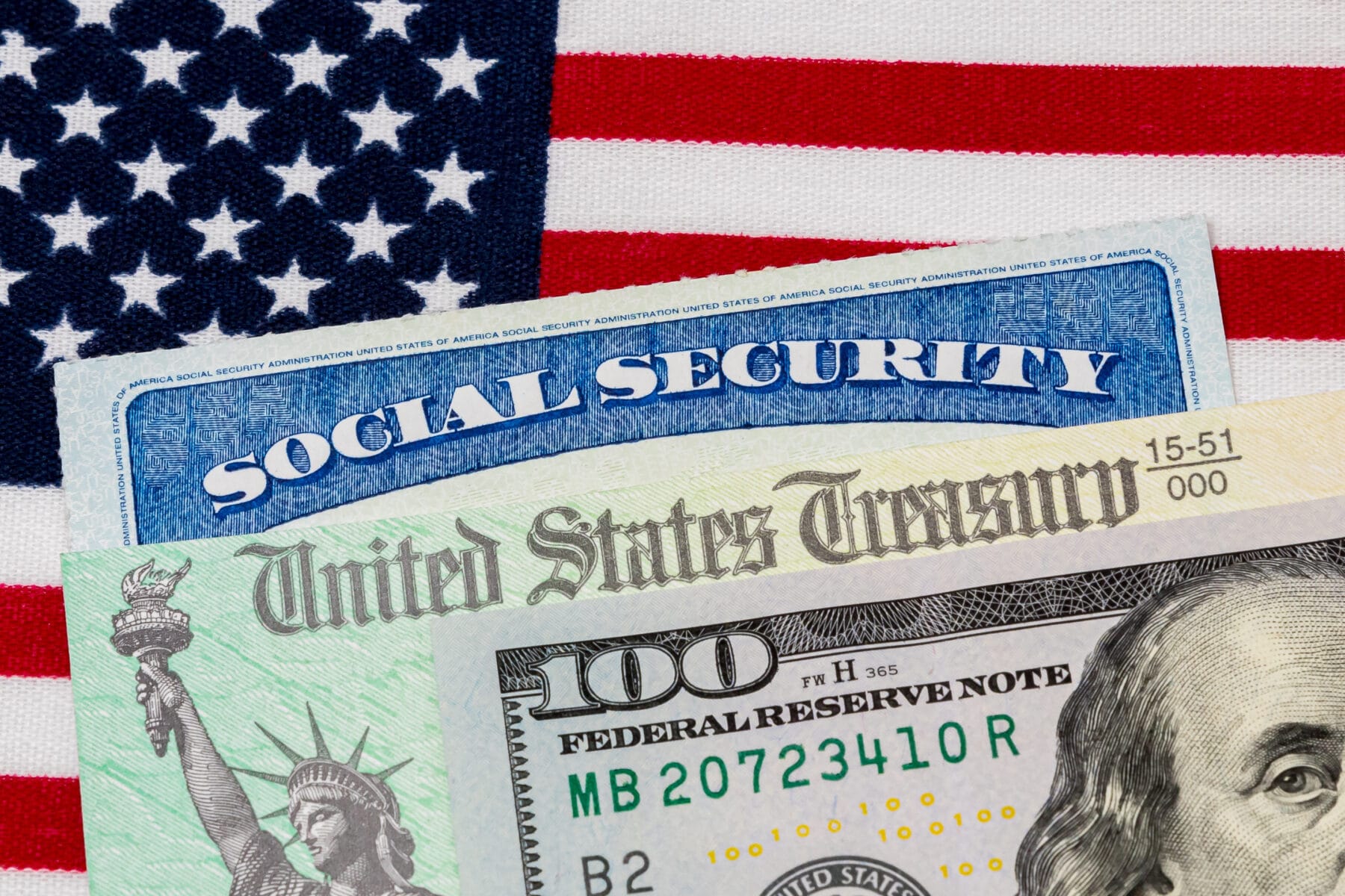 A $100 bill on top of a social security card and U.S. Flag