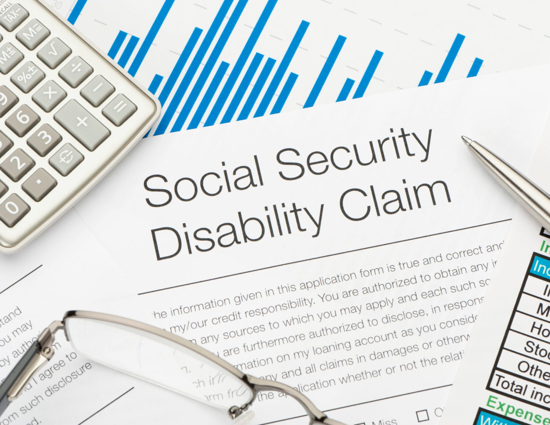 A close-up of a Social Security Disability Claim form on a desk, accompanied by a calculator, a pair of glasses, a pen, and various financial documents and charts.